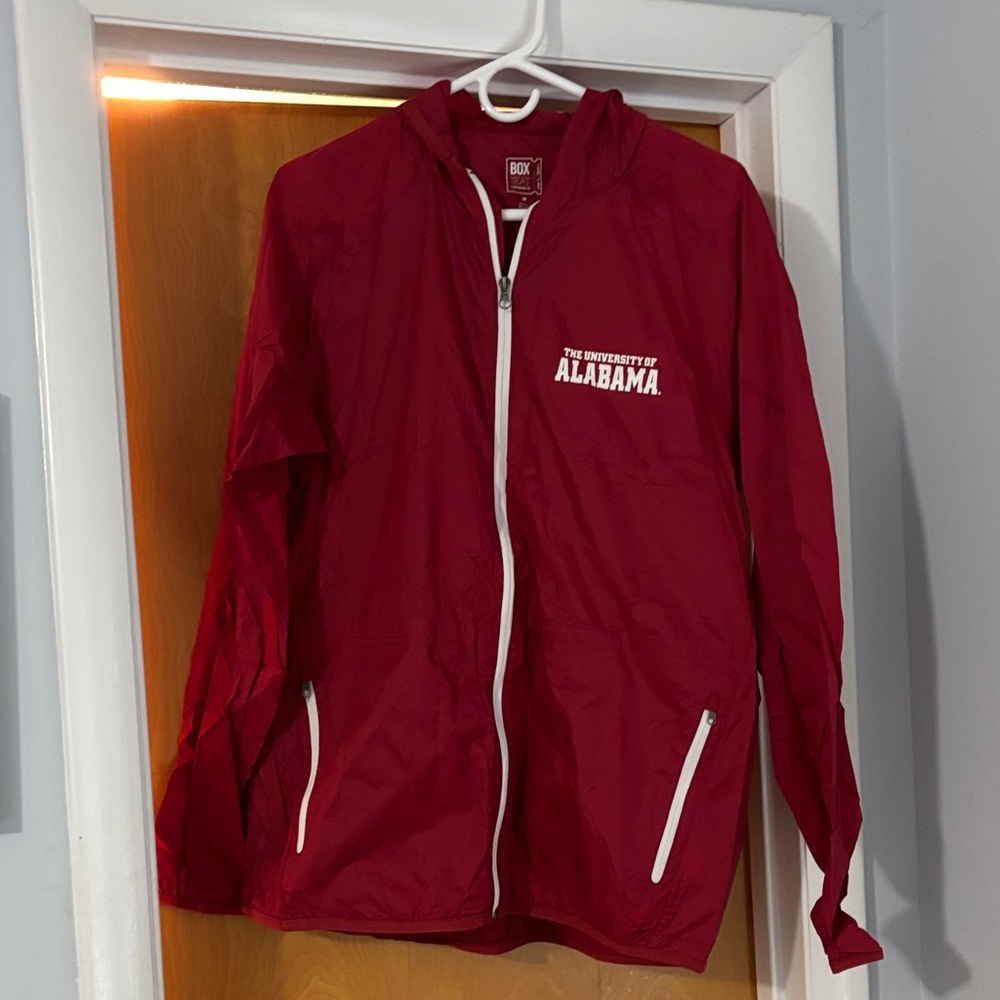 Box Seat Crimson Alabama rain Jacket/ windbreaker with hood.
